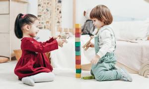 Two toddlers playing with blocks