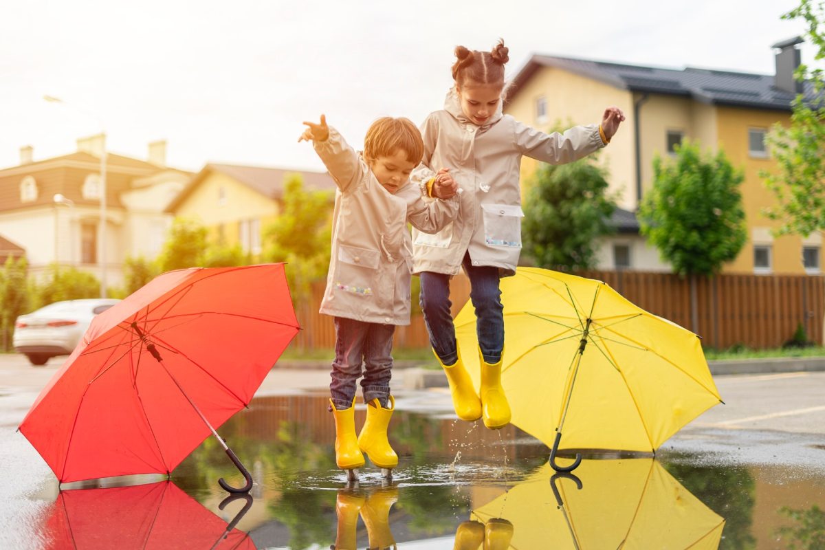Kids wearing rain boots near puddles