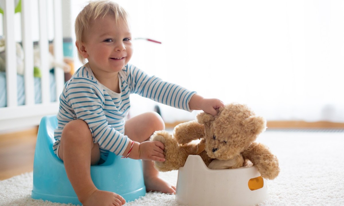 Toddler with stuffed bear on potty training seat