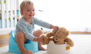 Toddler with stuffed bear on potty training seat.