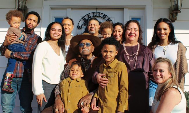 Family posing for a photo at a reunion