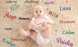 Cute baby girl surrounded by possible names