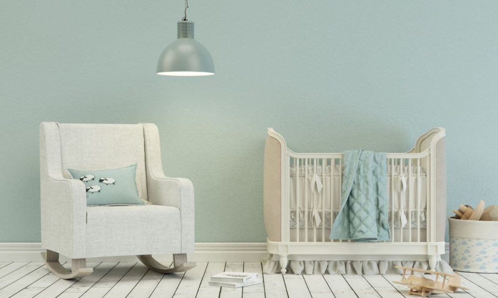 Blue nursery with baby essentials